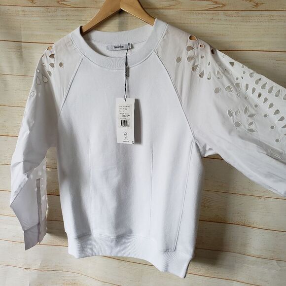 Thakoon Cotton Crew Eyelet Embroidered Balloon Sleeve Sweatshirt White Small - Picture 5 of 11